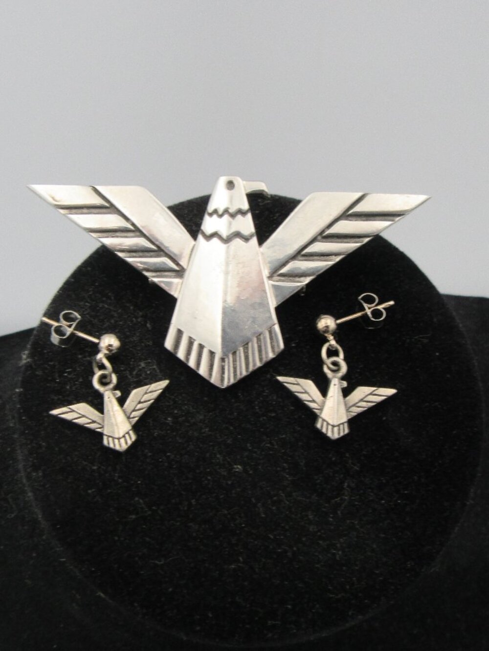 Vintage Thunderbird Brooch and Earrings Set by EGE Pewter Dated 1989